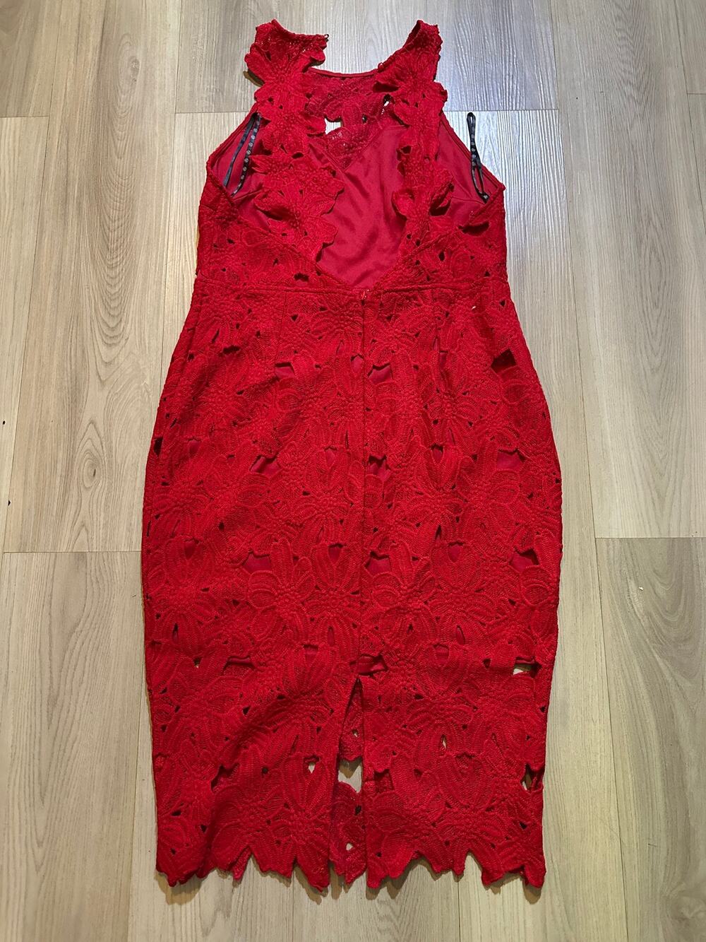 Missguided NWT Red Crochet Lace Back Detail Midi Dress US 12 Occasion Bodycon